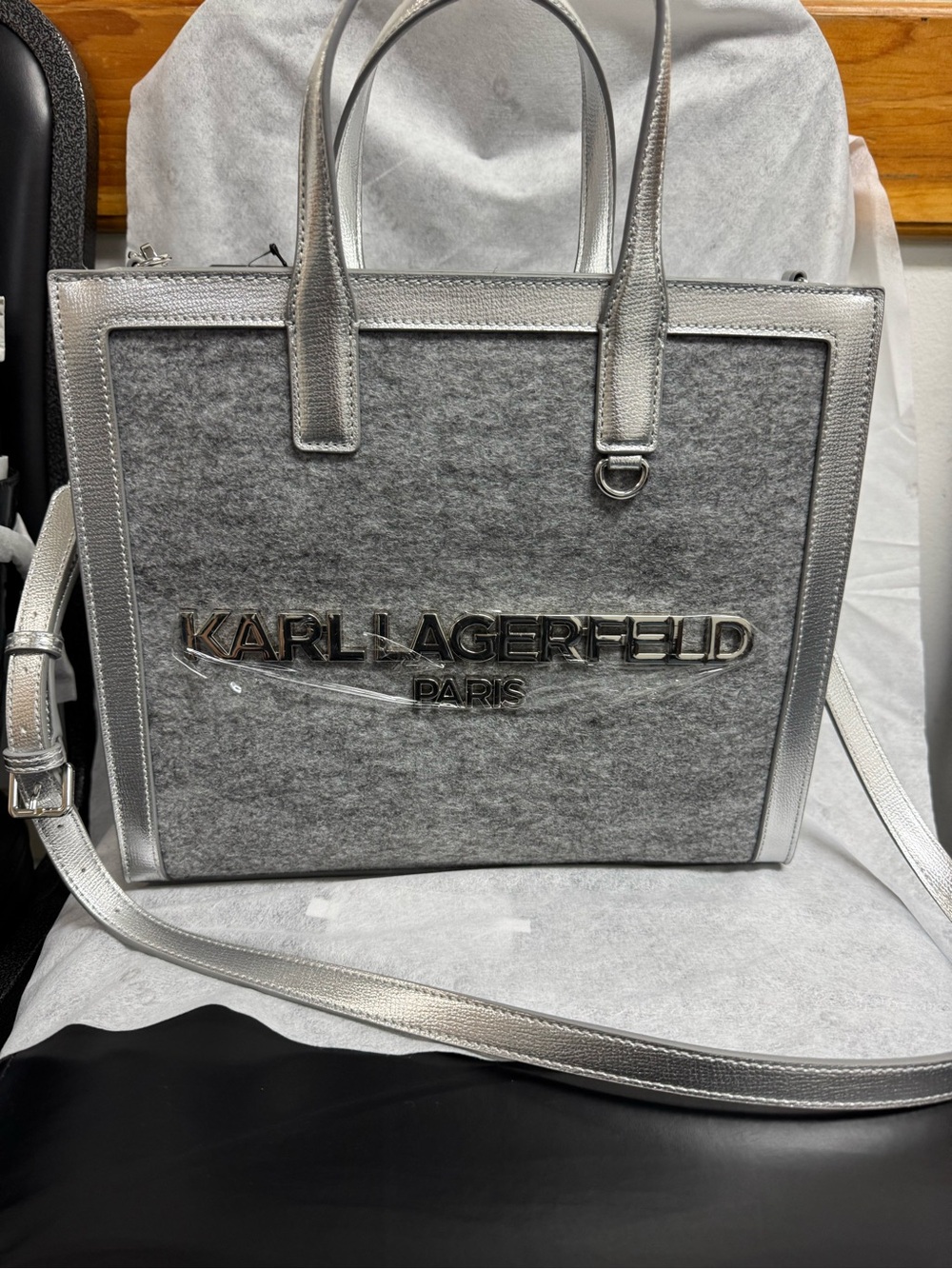 Karl Lagerfeld Gray Felt Tote with Silver Trim and Logo